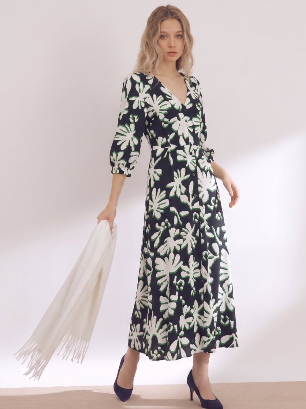 Whistles 100% Silk Botanical Print Maxi Dress Open Back Puff Sleeve UK 8/US 6